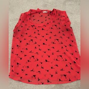 Pleione Red Sleeveless Bird-Print Sheer Blouse Womens Large USA Made Top Shirt